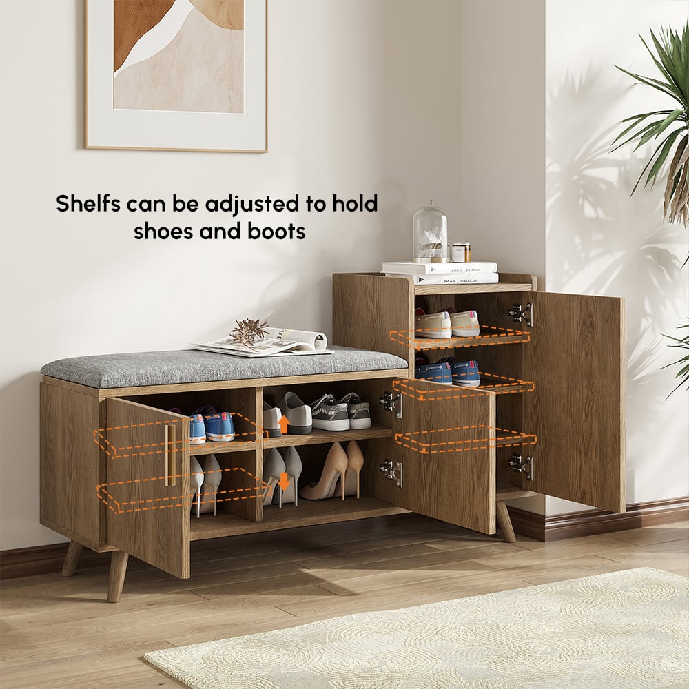 HMR 47" Shoe Storage Bench with 3 Doors & 5 Shelves - Walnut, Right Hand