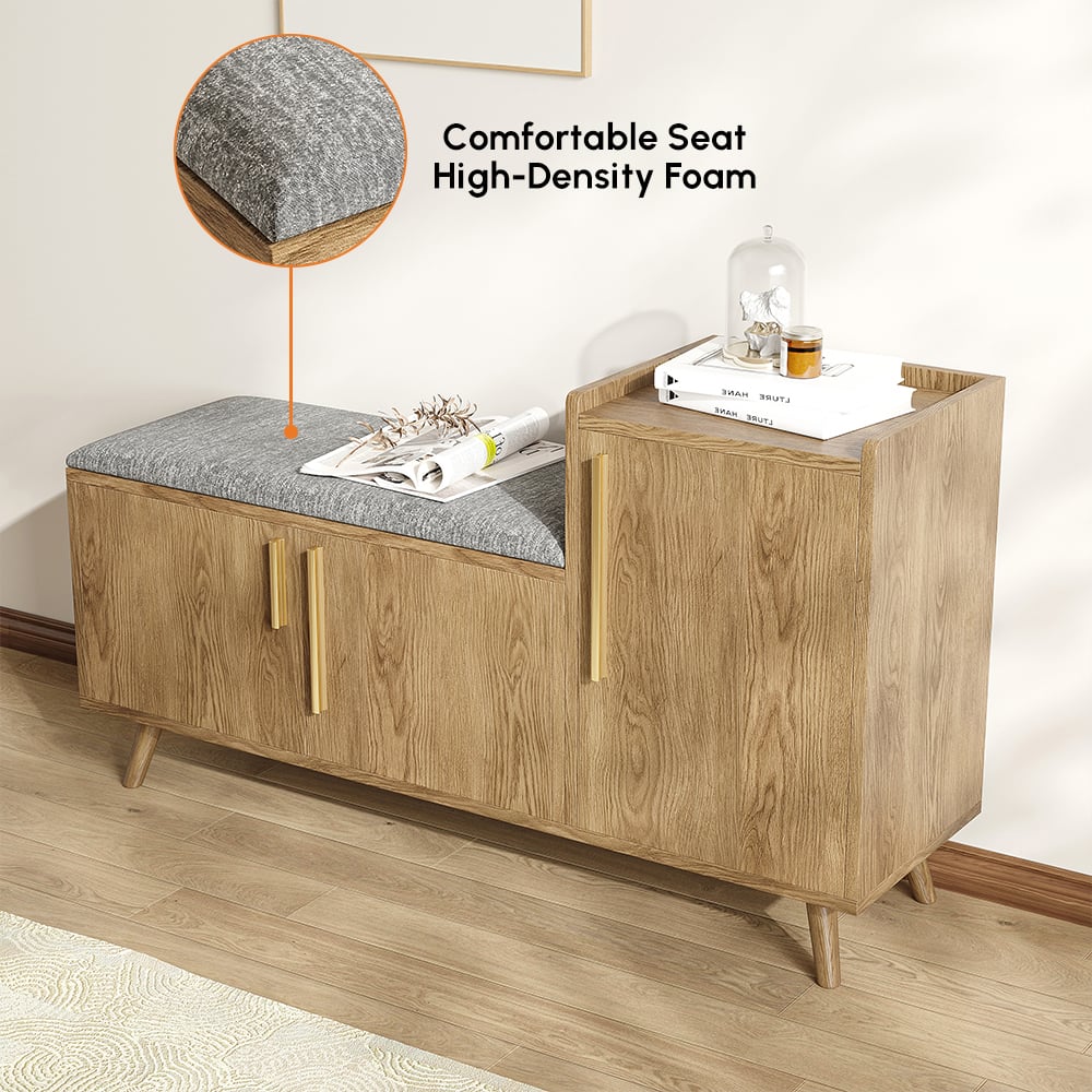 HMR 47" Shoe Storage Bench with 3 Doors & 5 Shelves - Walnut, Right Hand