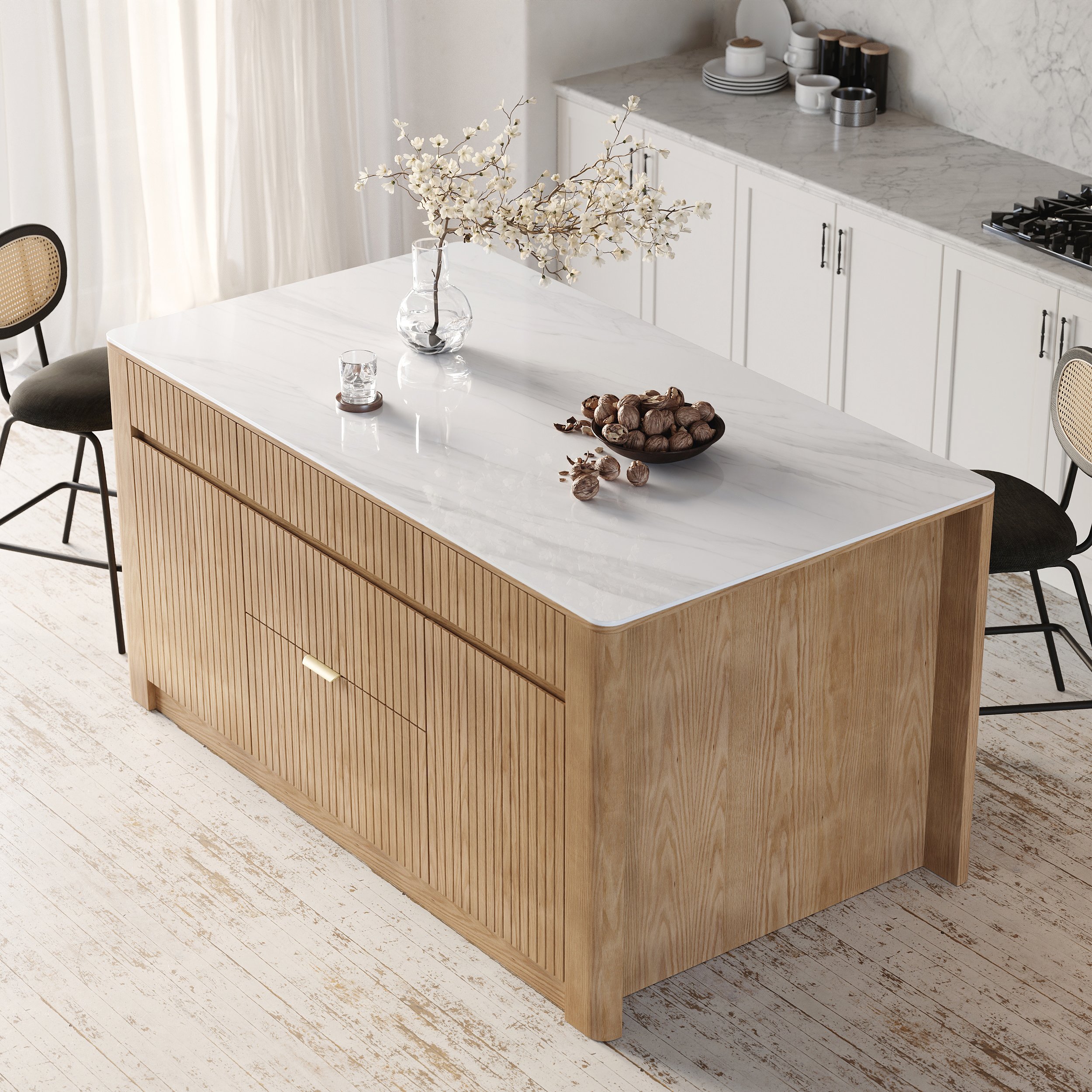 HMR - 72" Sintered Stone Top Solid Wood Kitchen Island with Storage Whitewash