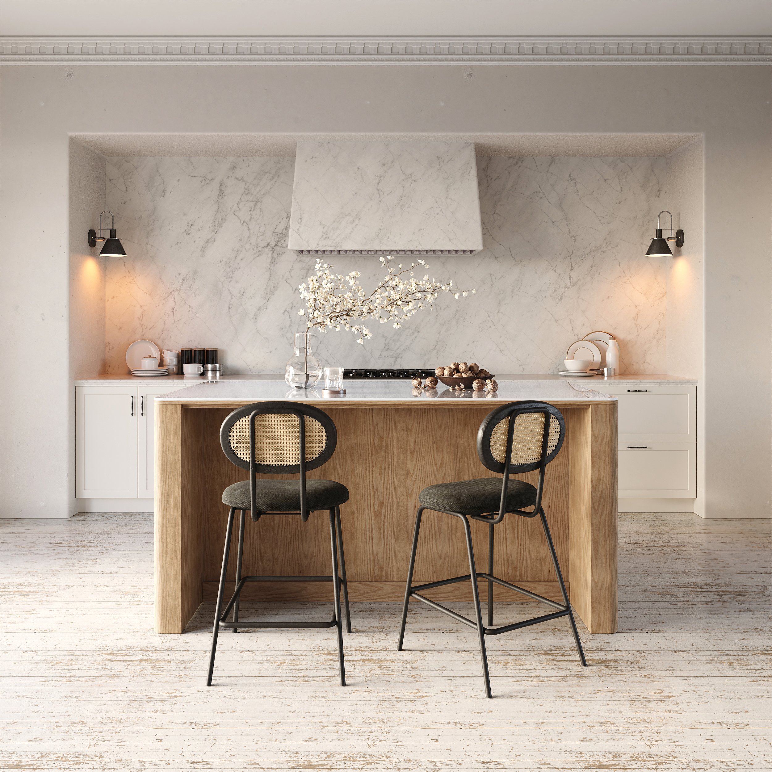 HMR - 72" Sintered Stone Top Solid Wood Kitchen Island with Storage Whitewash