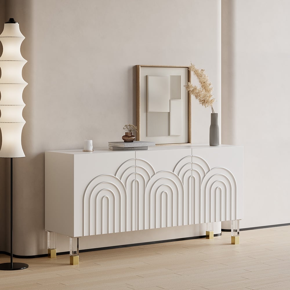 HMR - Modern White Credenza Cabinet 3-Door Wavy Pattern Sideboard Acrylic Legs