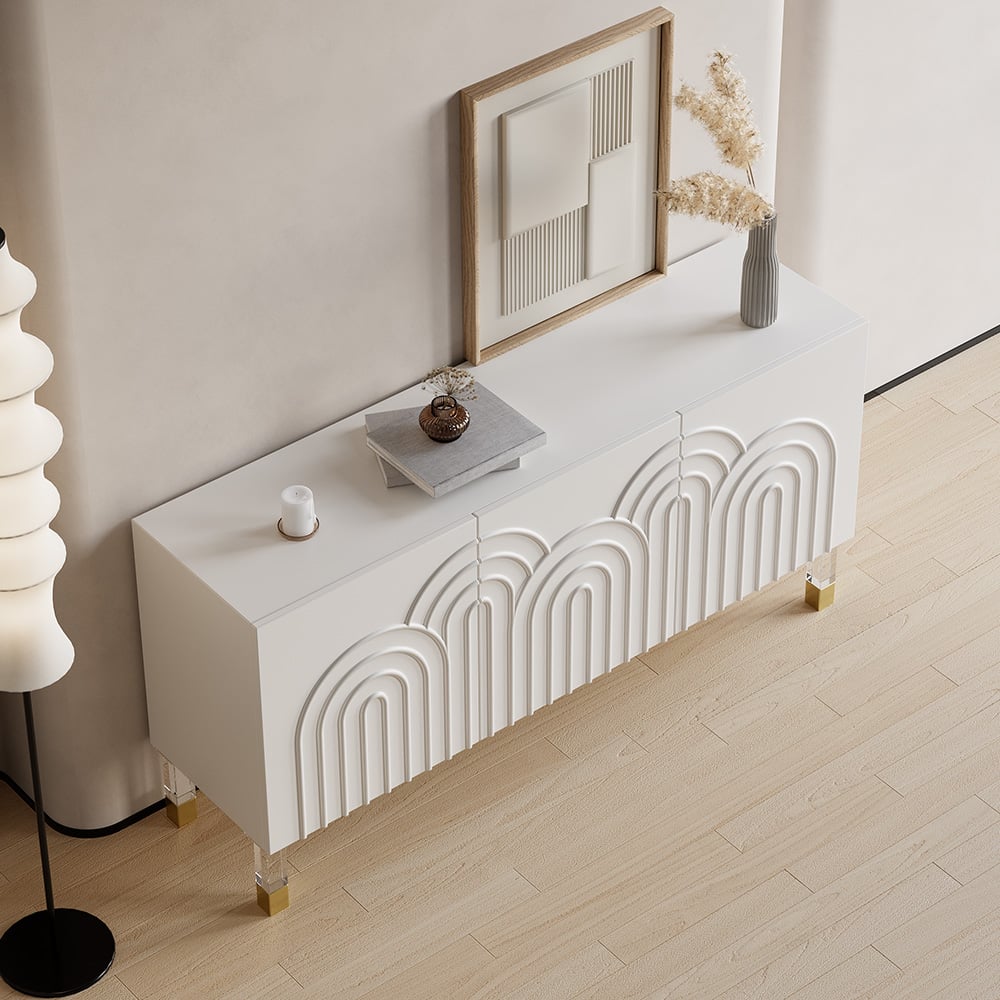 HMR - Modern White Credenza Cabinet 3-Door Wavy Pattern Sideboard Acrylic Legs