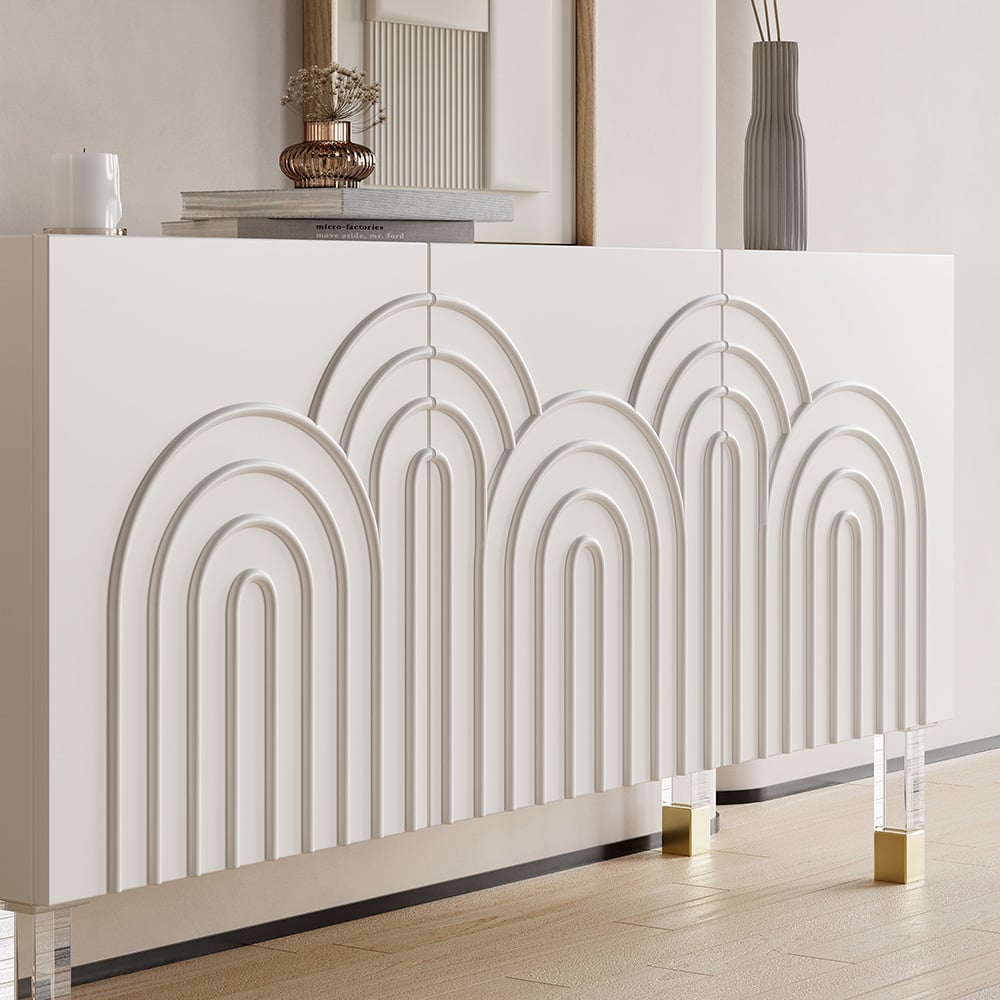 HMR - Modern White Credenza Cabinet 3-Door Wavy Pattern Sideboard Acrylic Legs