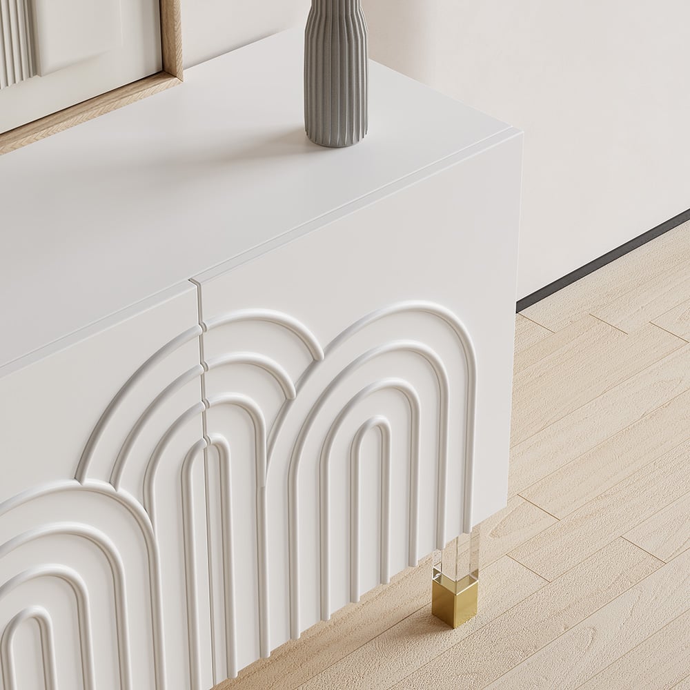 HMR - Modern White Credenza Cabinet 3-Door Wavy Pattern Sideboard Acrylic Legs