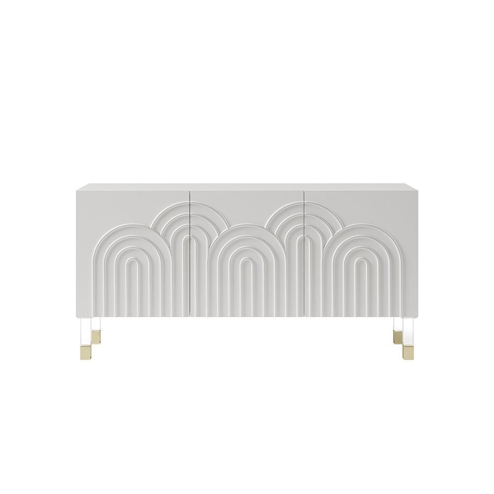 HMR - Modern White Credenza Cabinet 3-Door Wavy Pattern Sideboard Acrylic Legs