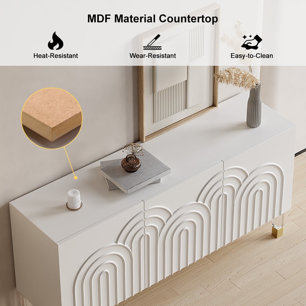 HMR - Modern White Credenza Cabinet 3-Door Wavy Pattern Sideboard Acrylic Legs