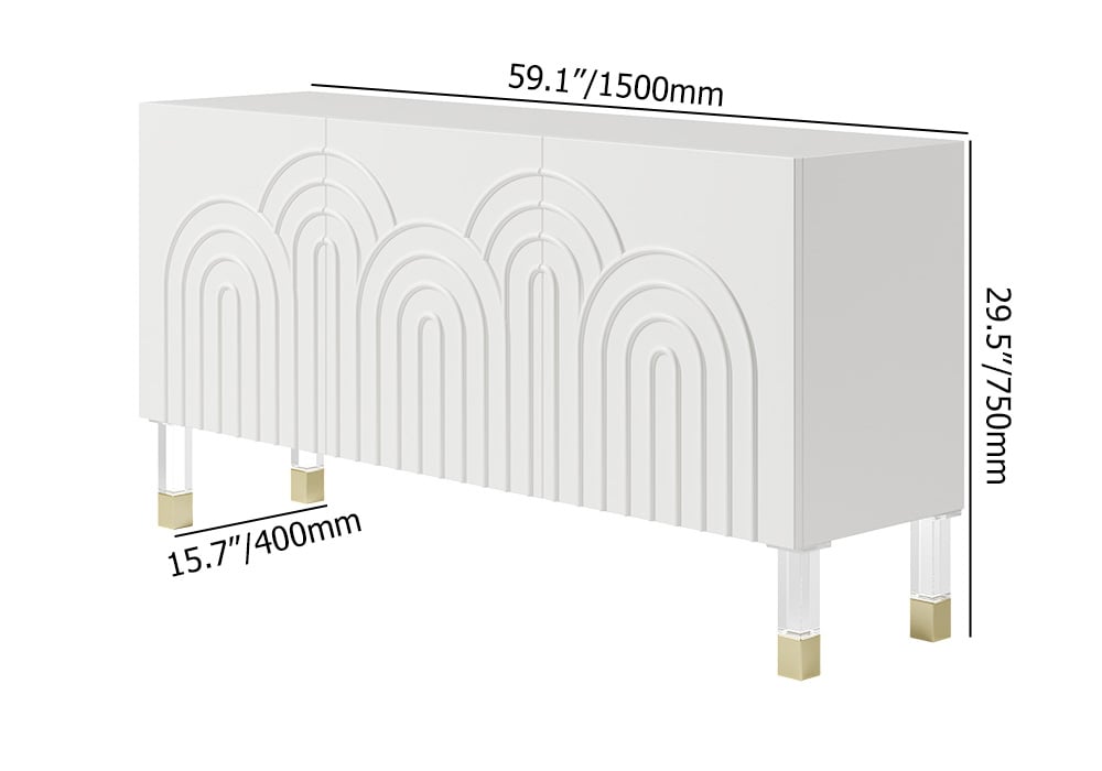 HMR - Modern White Credenza Cabinet 3-Door Wavy Pattern Sideboard Acrylic Legs