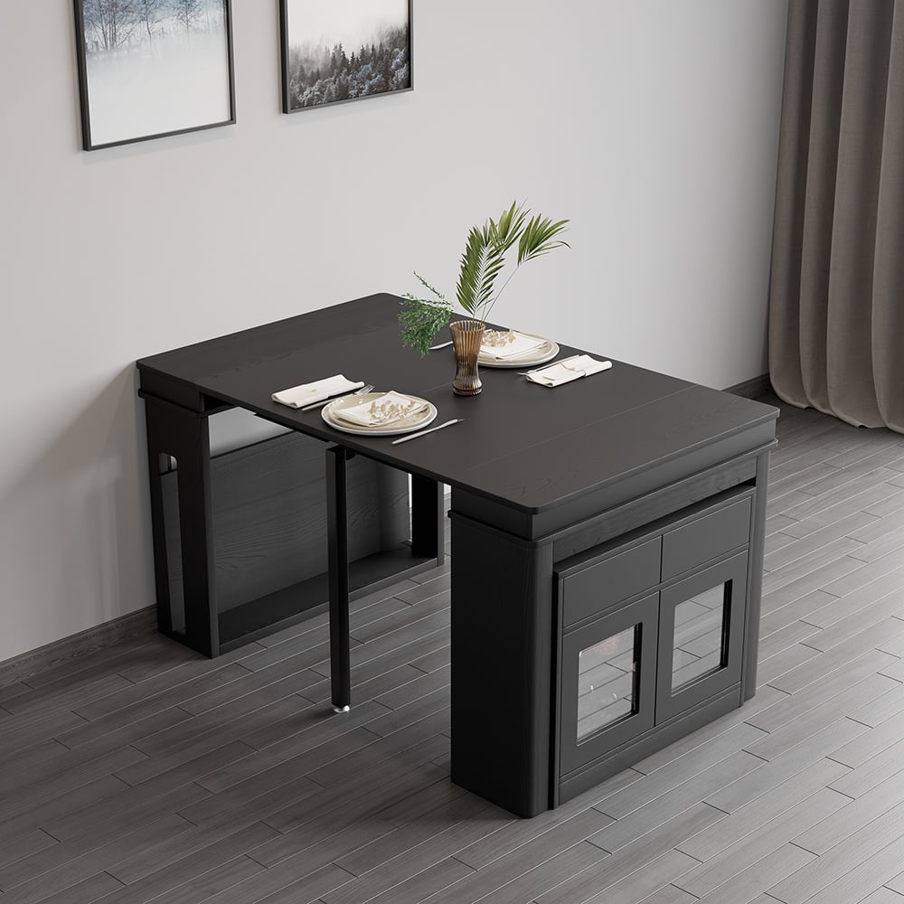 HMR 70.9" Rectangle Folding Wood Dining Table with Sideboard (Seats 2-4 People) - Black