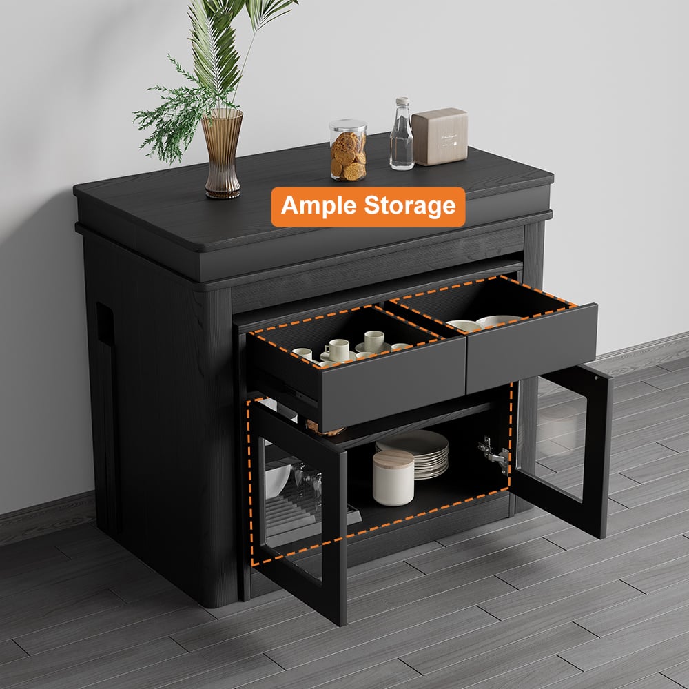 HMR 70.9" Rectangle Folding Wood Dining Table with Sideboard (Seats 2-4 People) - Black