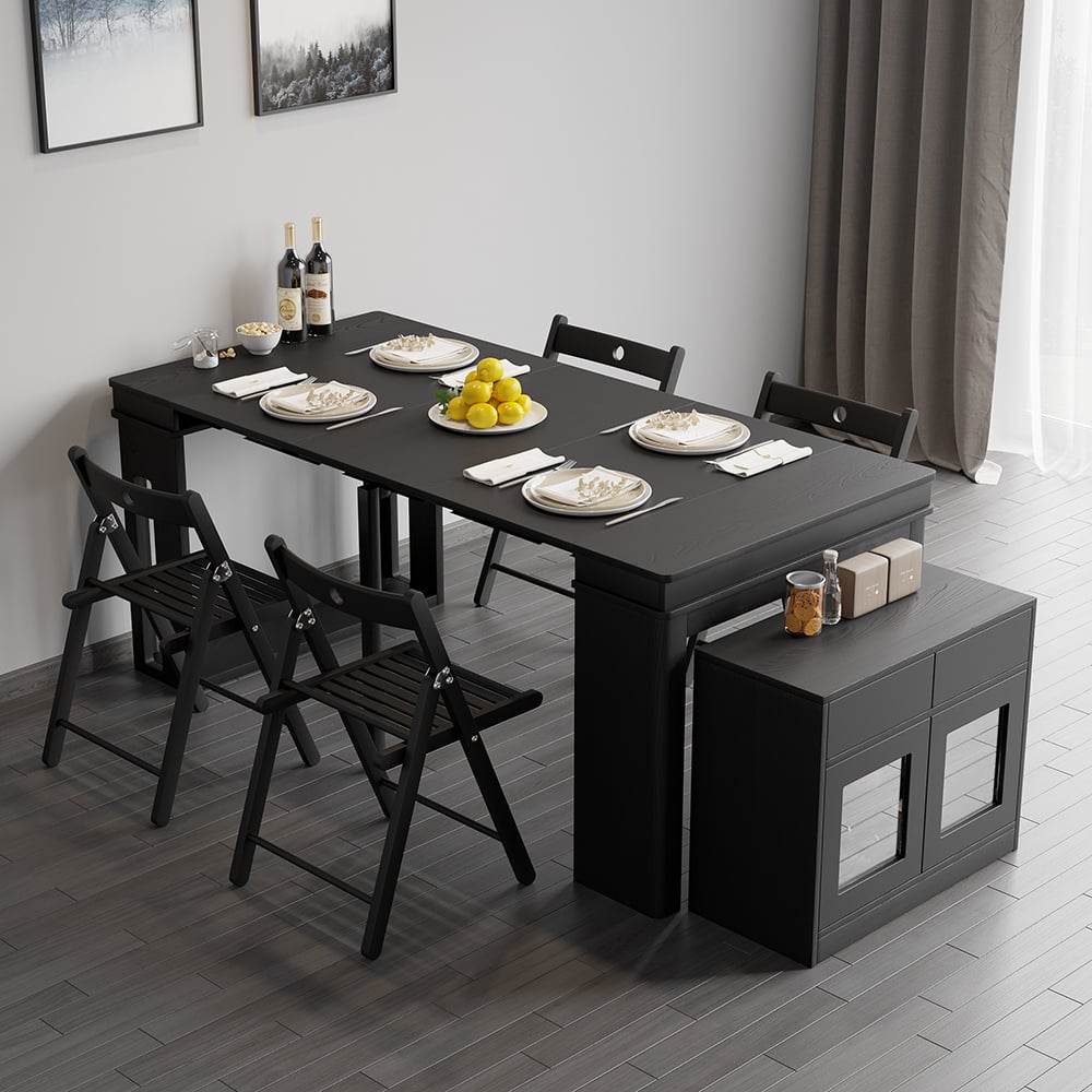 HMR 70.9" Rectangle Folding Wood Dining Table with Sideboard (Seats 2-4 People) - Black