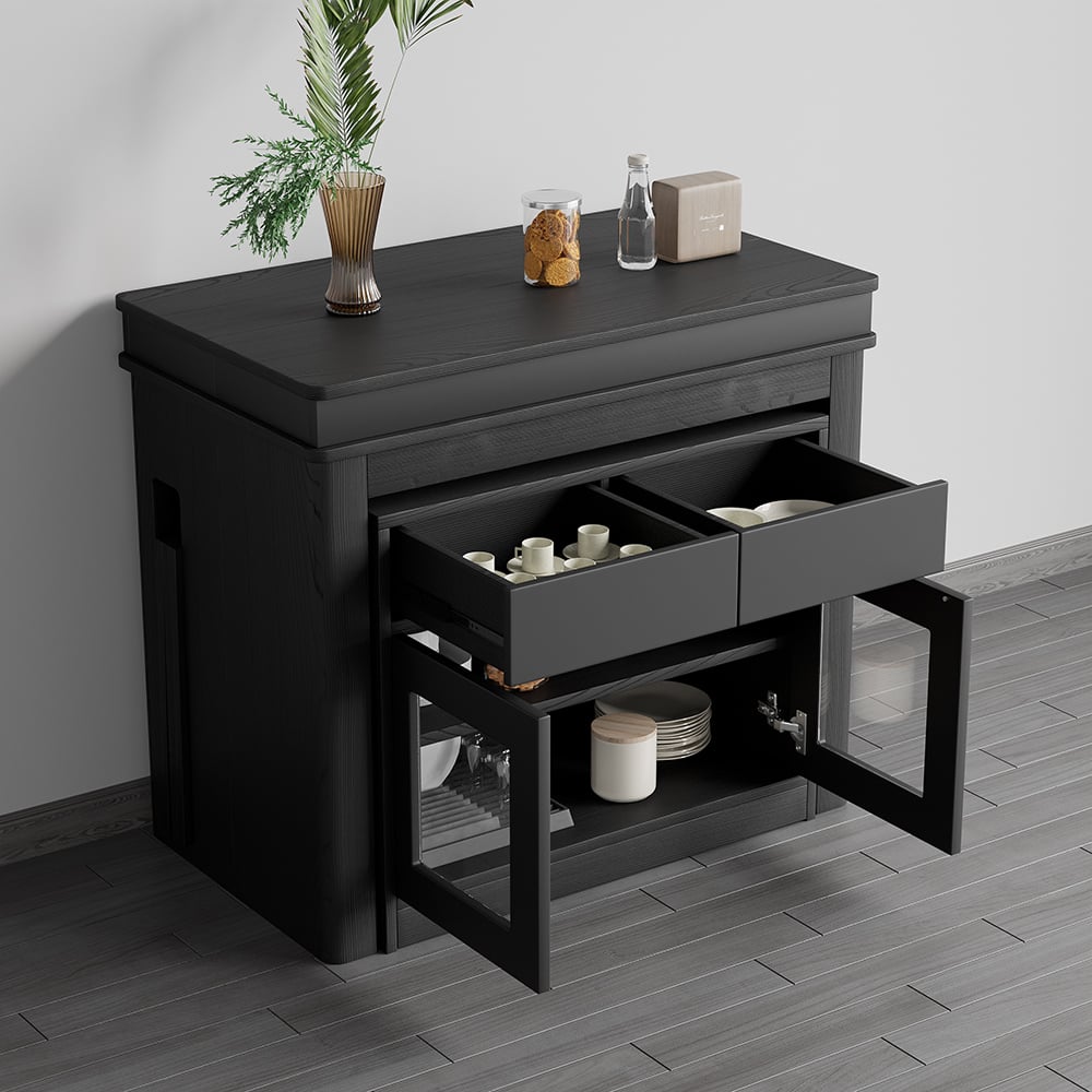 HMR 70.9" Rectangle Folding Wood Dining Table with Sideboard (Seats 2-4 People) - Black