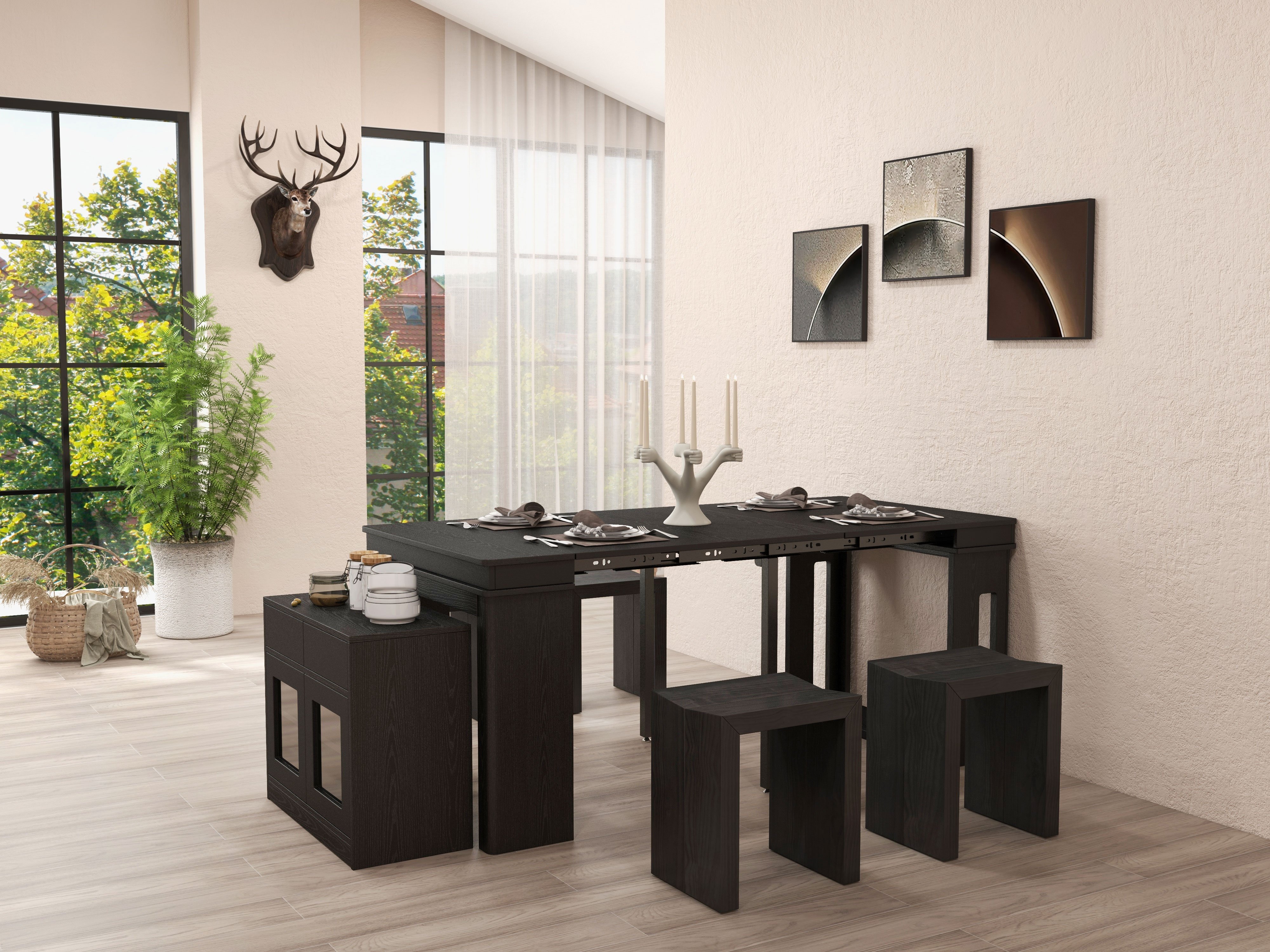 HMR 70.9" Rectangle Folding Wood Dining Table with Sideboard (Seats 2-4 People) - Black