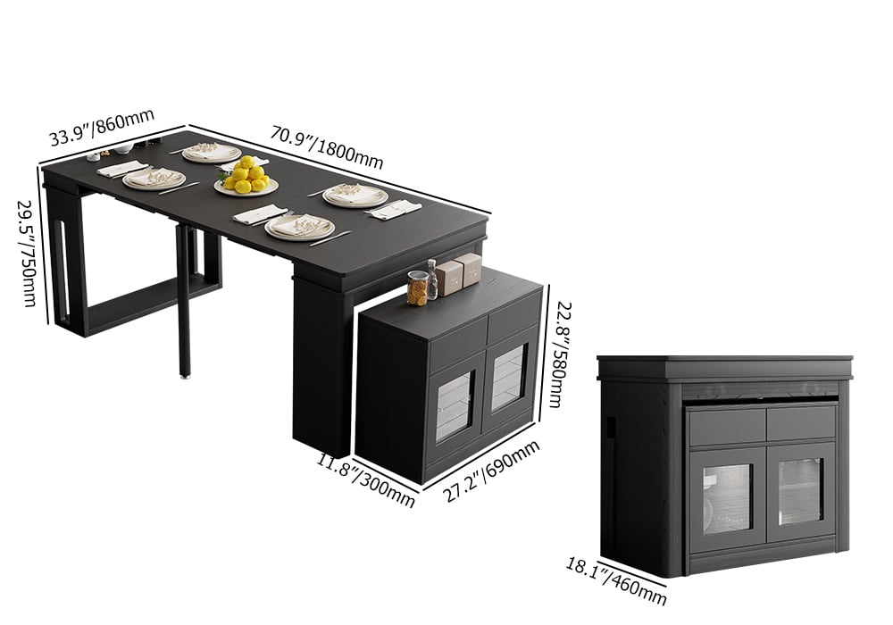 HMR 70.9" Rectangle Folding Wood Dining Table with Sideboard (Seats 2-4 People) - Black