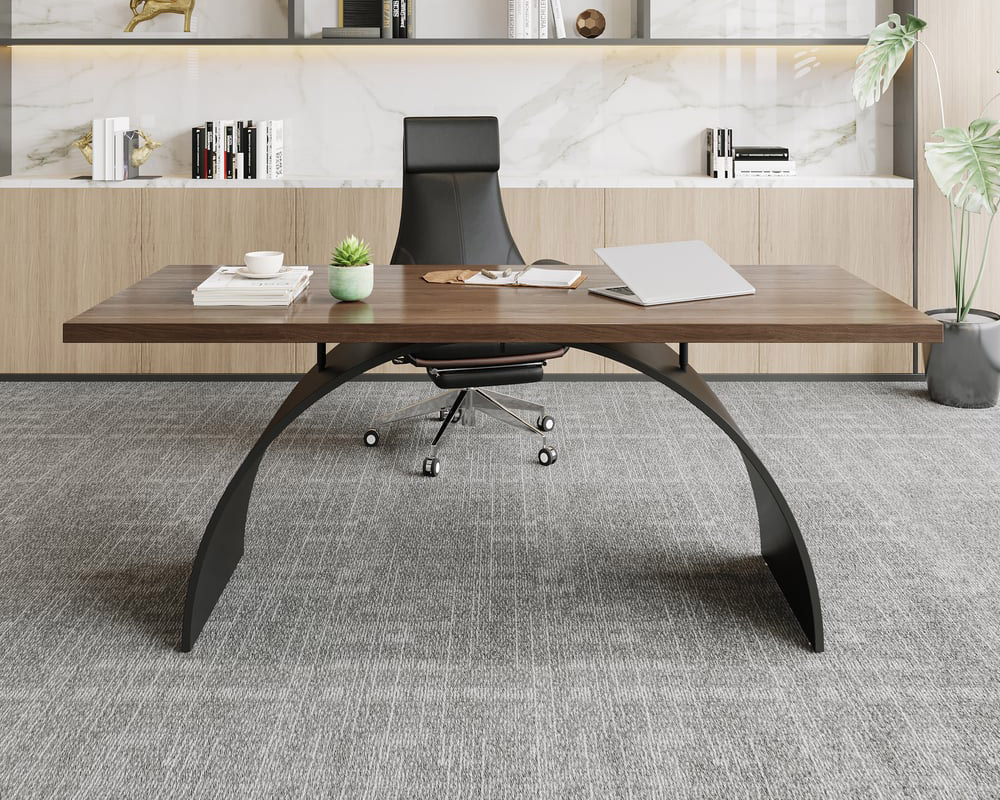 HMR Modern Rectangular Writing Desk & Office Desk Chair Set High Back - Walnut, 63"L x 27.6"W x 29.5"H