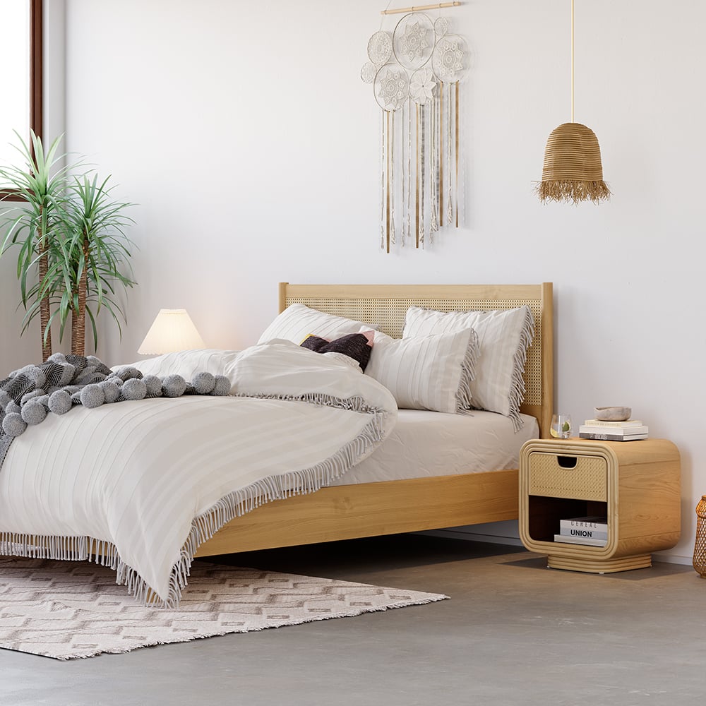 HMR - Boho Rattan Wood Natural Nightstand 1 Drawer Bedside Table with Open Storage