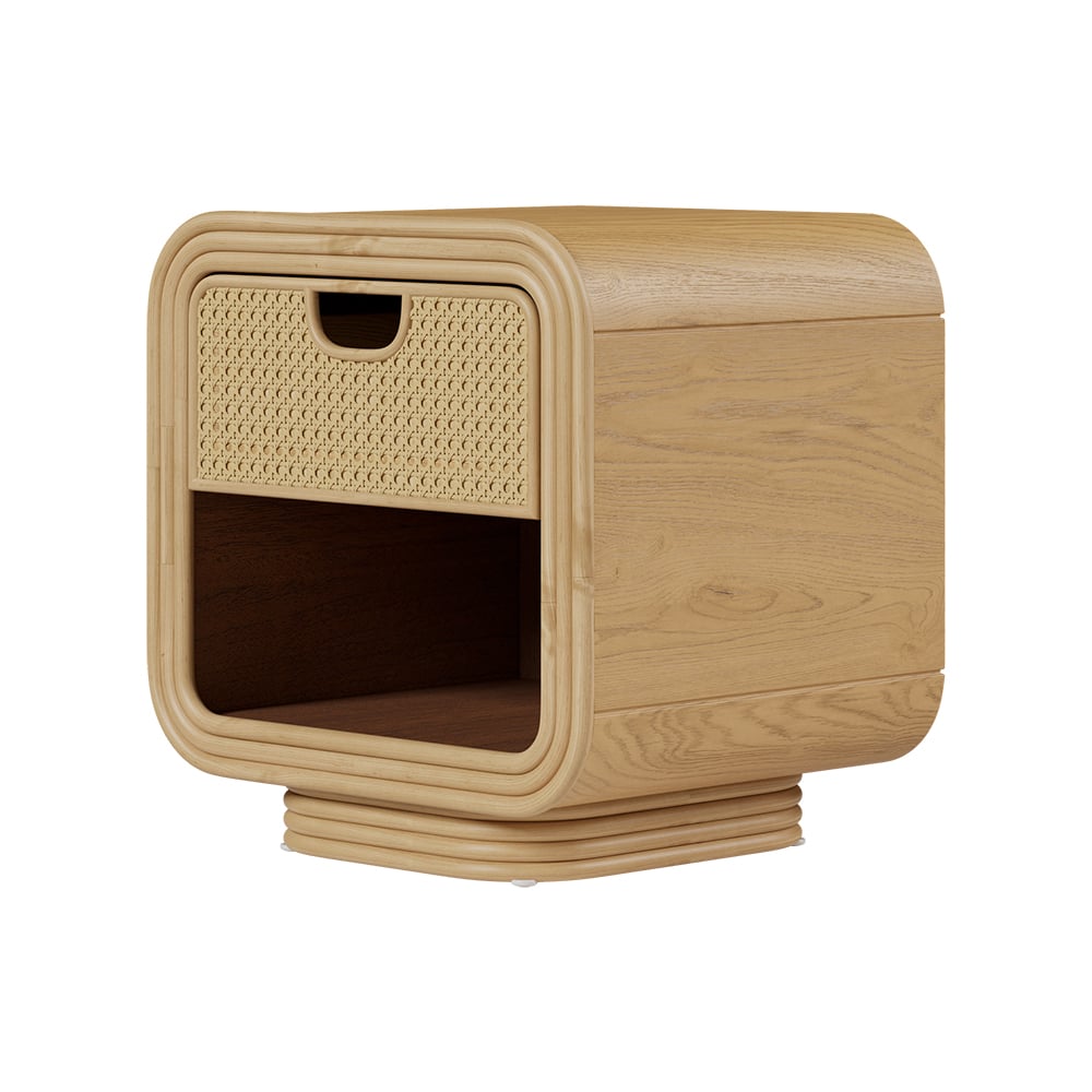 HMR - Boho Rattan Wood Natural Nightstand 1 Drawer Bedside Table with Open Storage
