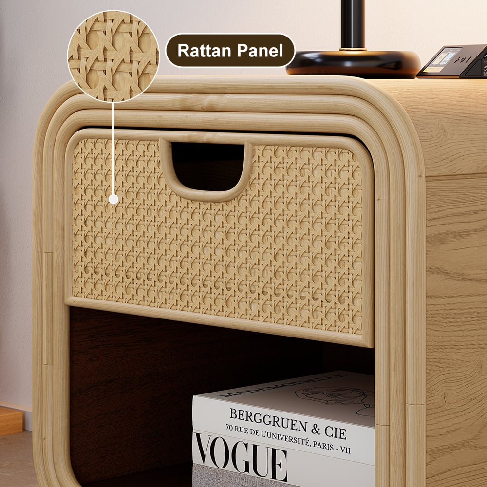 HMR - Boho Rattan Wood Natural Nightstand 1 Drawer Bedside Table with Open Storage