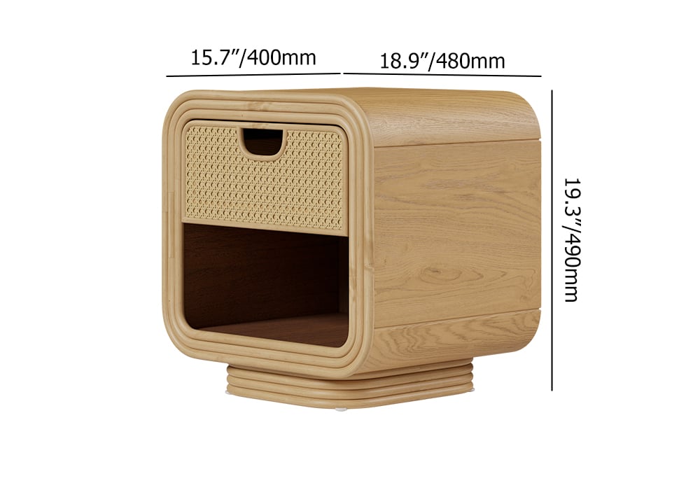HMR - Boho Rattan Wood Natural Nightstand 1 Drawer Bedside Table with Open Storage