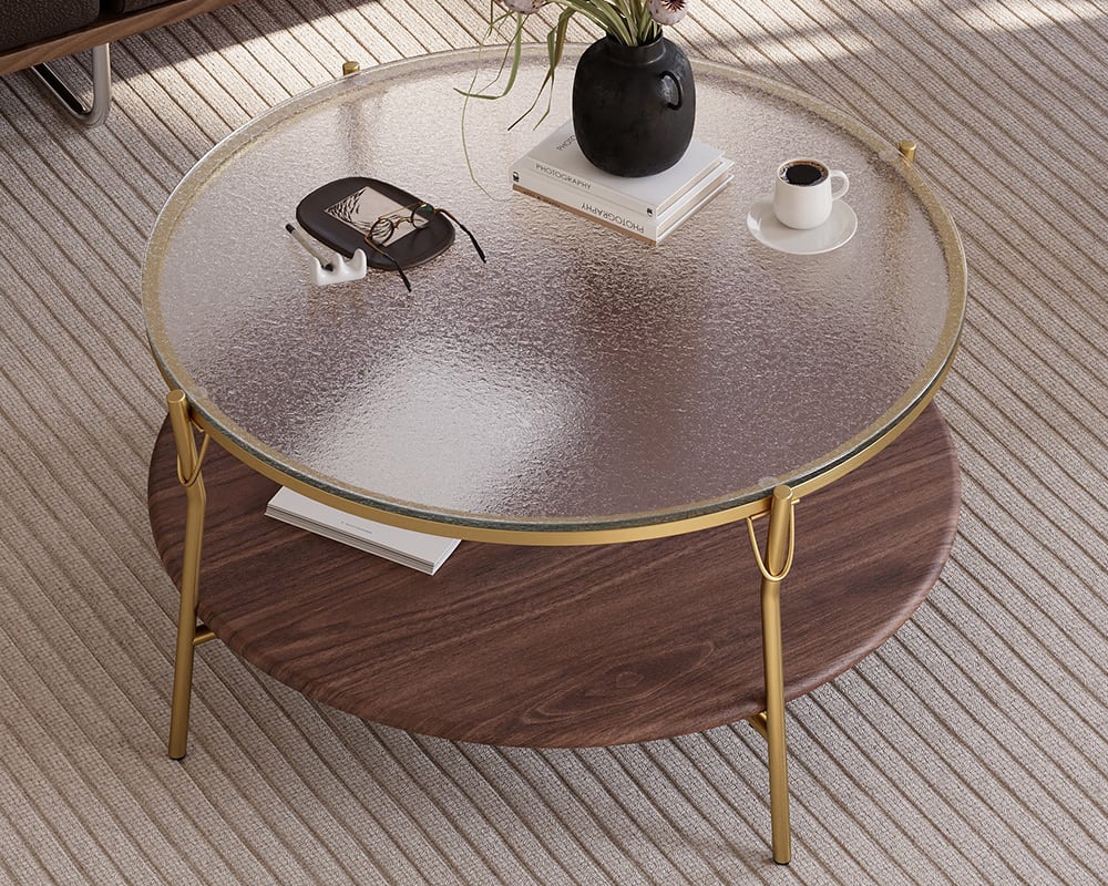 HMR - 30" Glass Top Walnut 2-Tiered Coffee Table