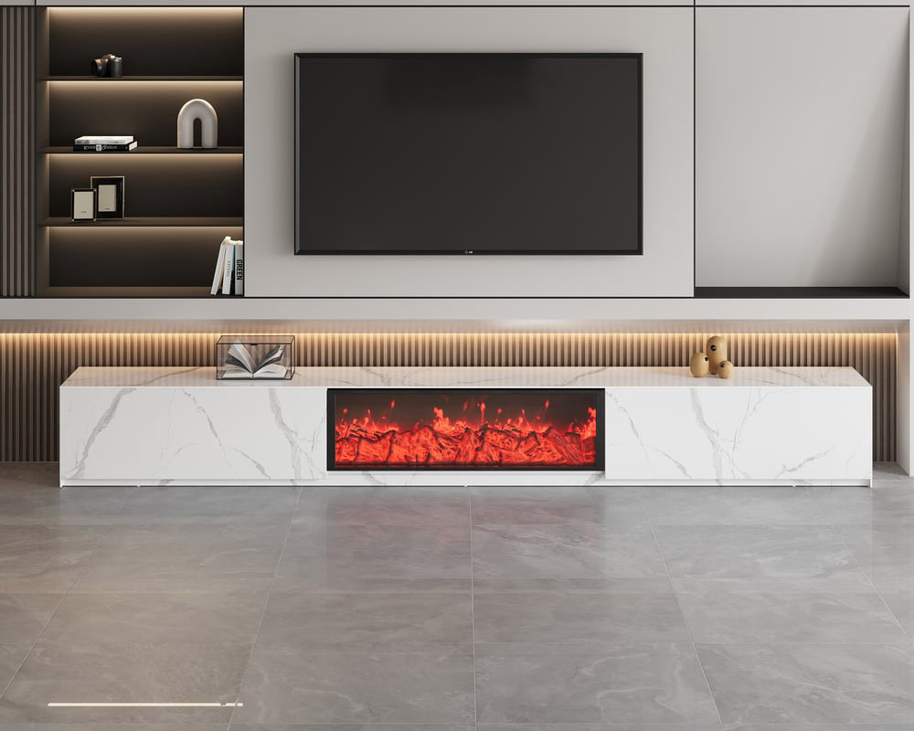 HMR Electric Fireplace TV Stand with 2 Drawers - White, Sintered Stone, 86.6"W×15.4"D×15.4"H