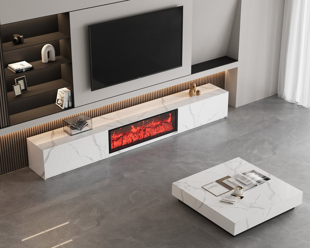 HMR Electric Fireplace TV Stand with 2 Drawers - White, Sintered Stone, 86.6"W×15.4"D×15.4"H