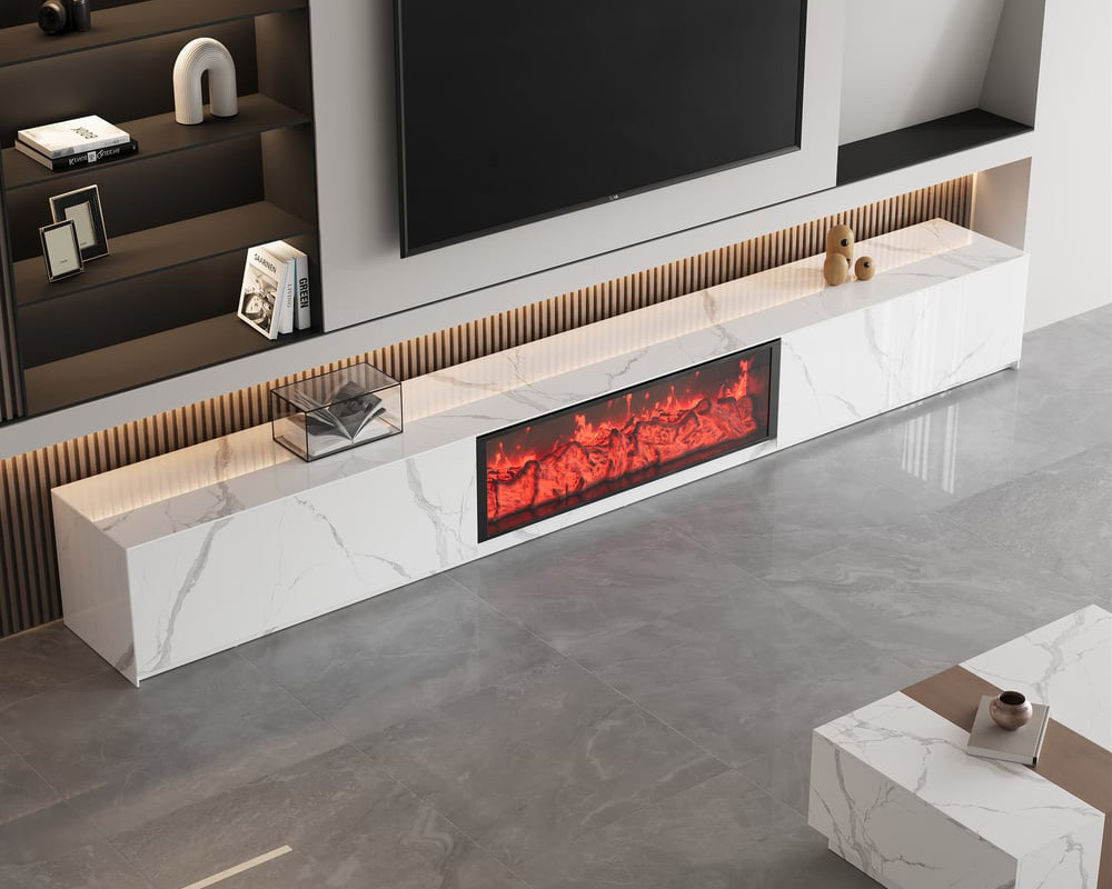 HMR Electric Fireplace TV Stand with 2 Drawers - White, Sintered Stone, 86.6"W×15.4"D×15.4"H