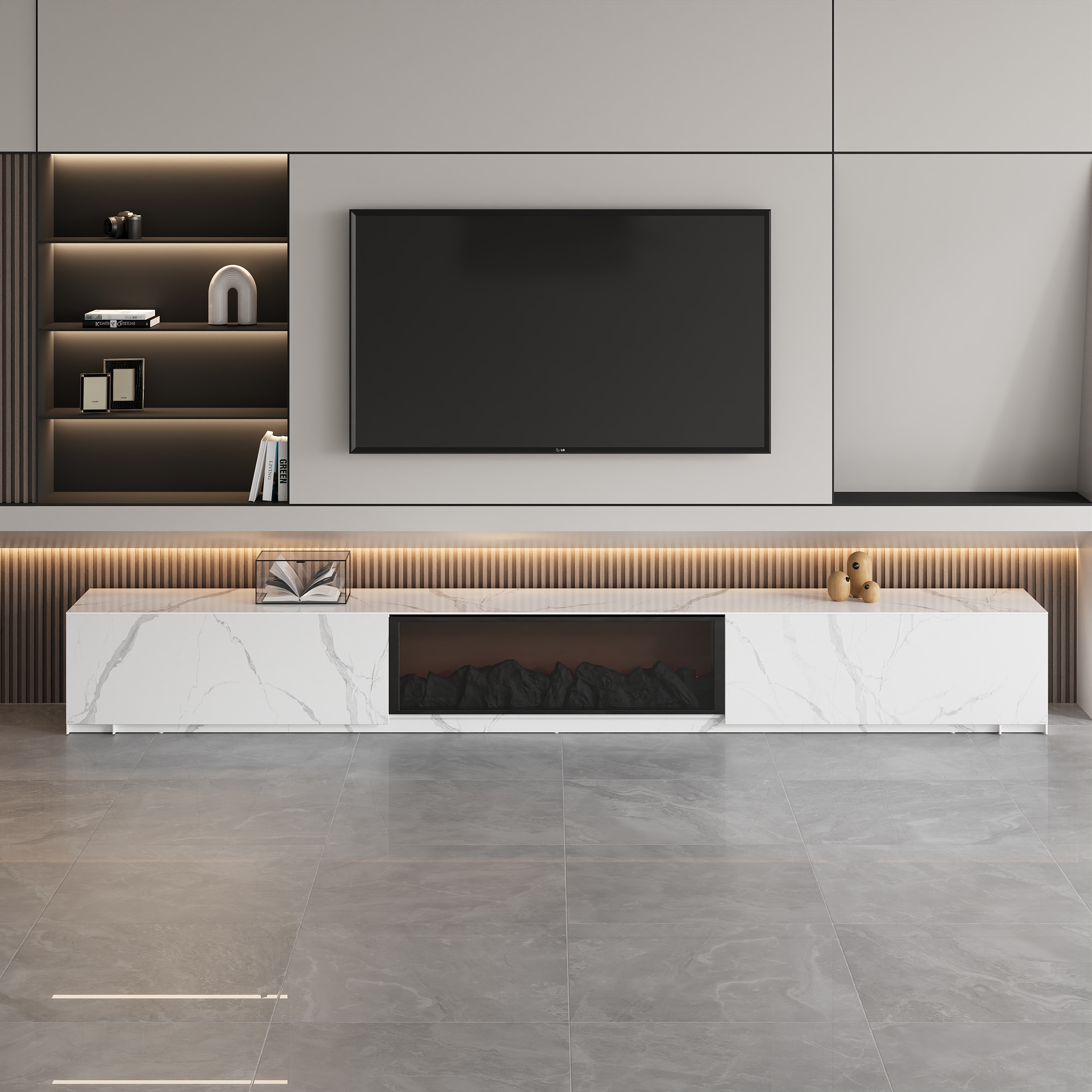 HMR Electric Fireplace TV Stand with 2 Drawers - White, Sintered Stone, 86.6"W×15.4"D×15.4"H