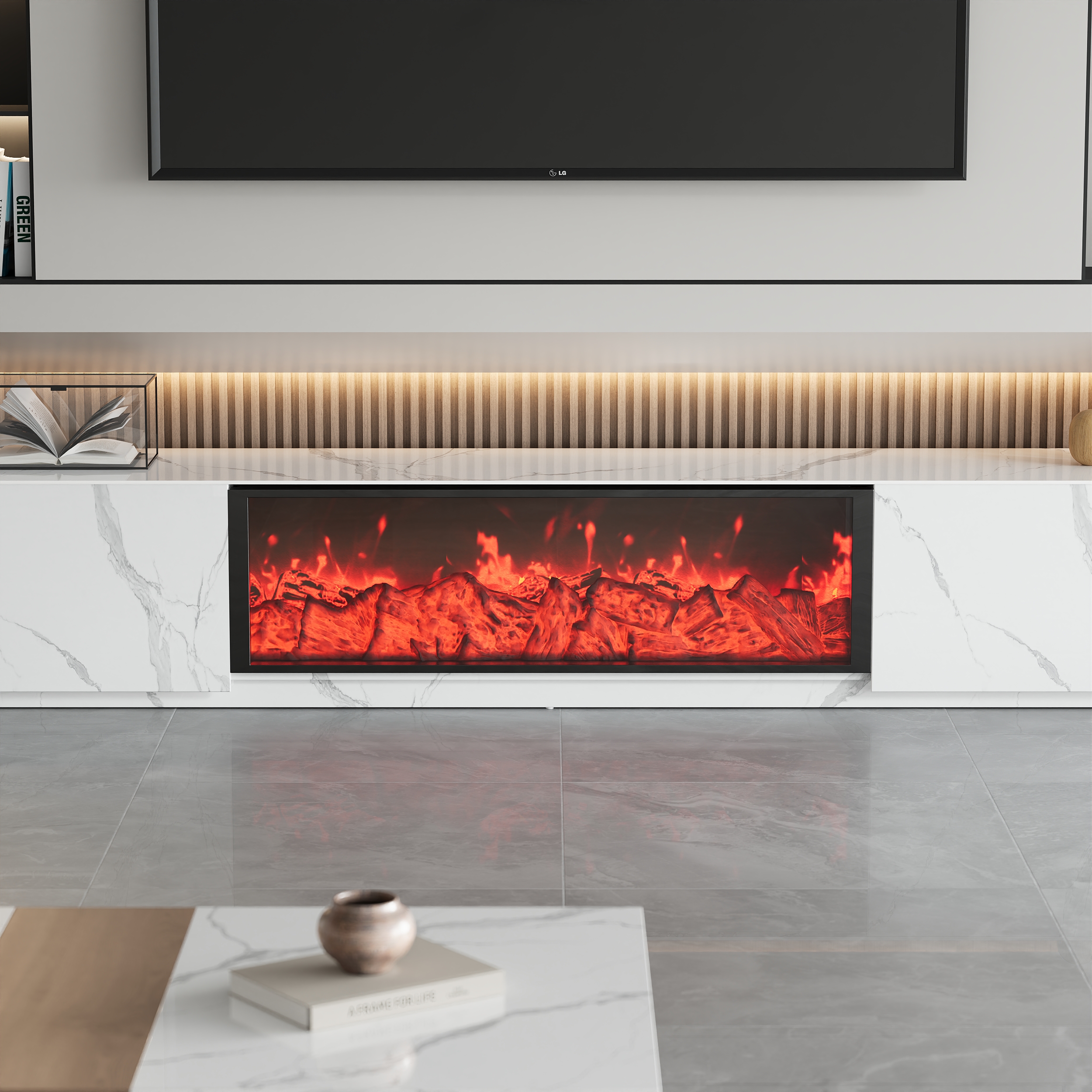 HMR Electric Fireplace TV Stand with 2 Drawers - White, Sintered Stone, 86.6"W×15.4"D×15.4"H