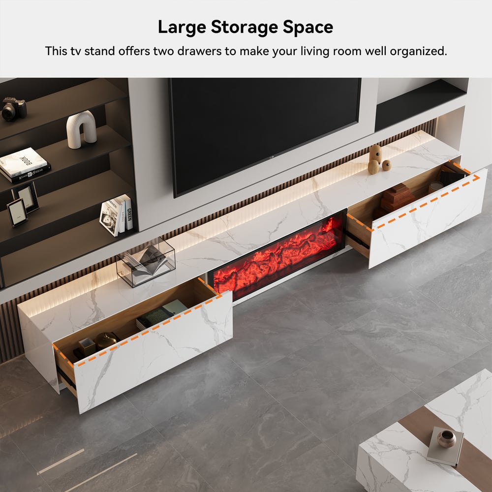 HMR Electric Fireplace TV Stand with 2 Drawers - White, Sintered Stone, 86.6"W×15.4"D×15.4"H