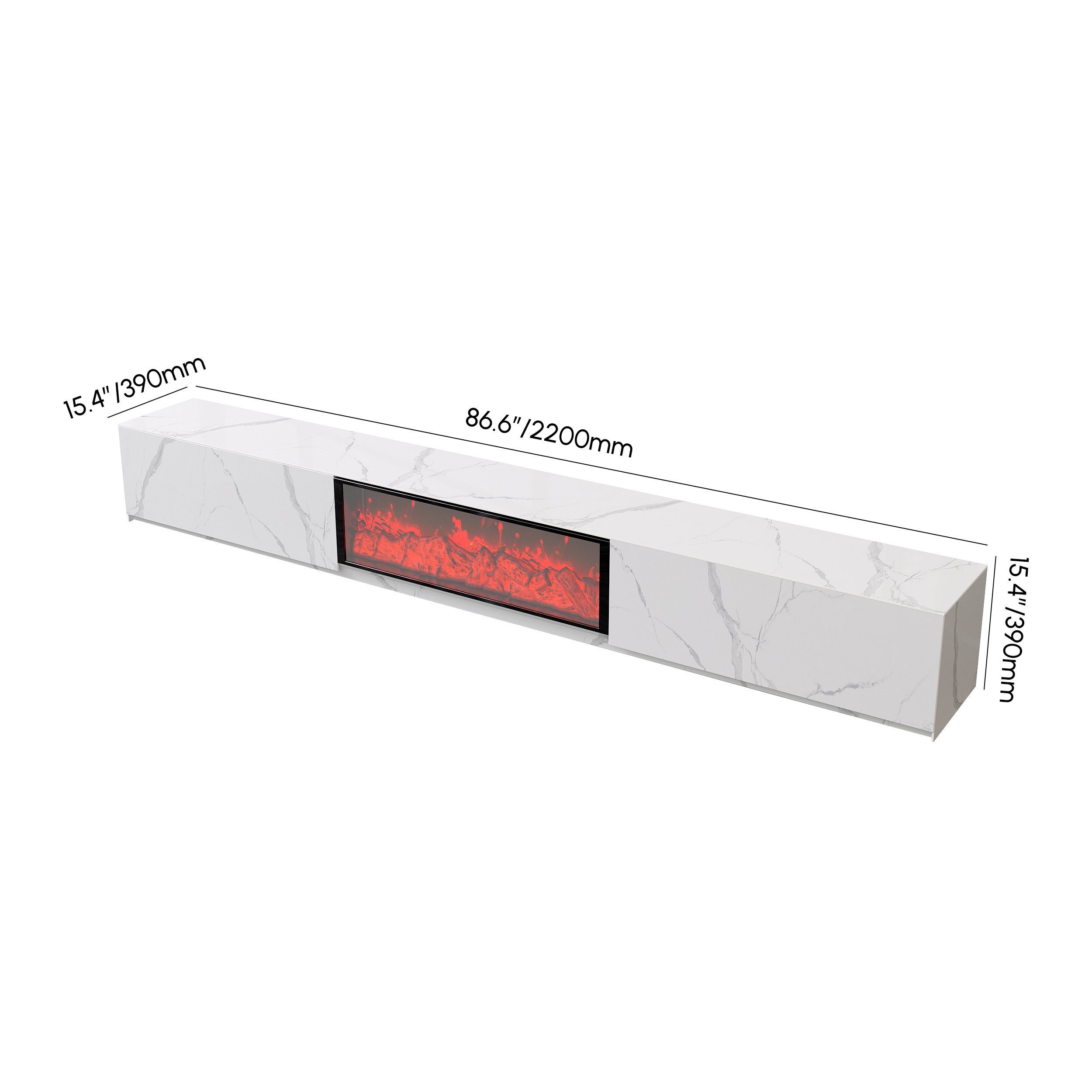 HMR Electric Fireplace TV Stand with 2 Drawers - White, Sintered Stone, 86.6"W×15.4"D×15.4"H