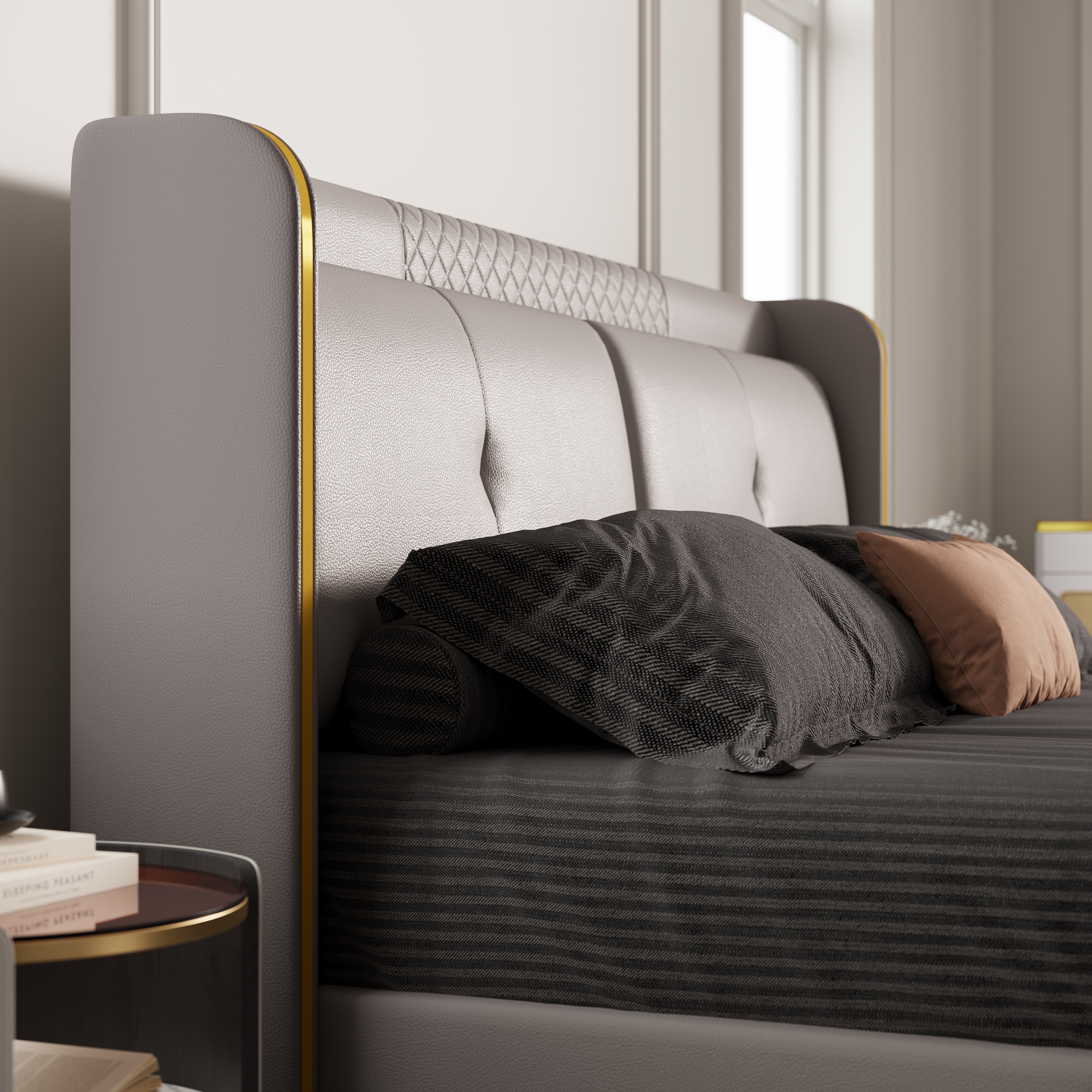 HMR Wingback Bed Headboard & 2 Nightstands Set with Wireless Charger - Light Gray, King, Style B