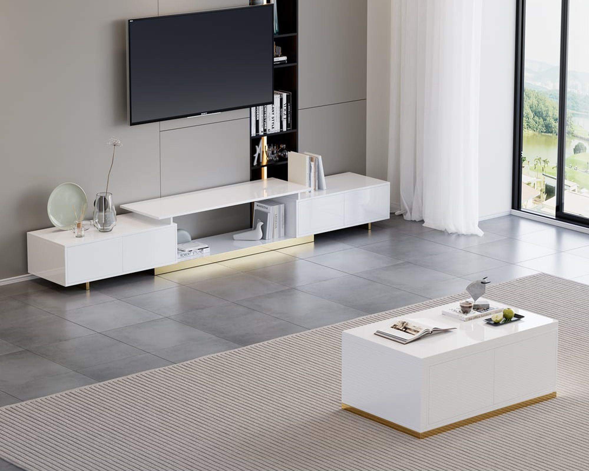 HMR Mordelle Glossy Extendable TV Stand & Coffee Table Set - White, Style A