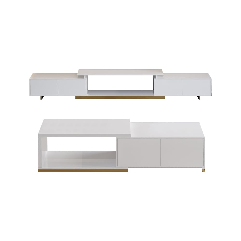 HMR Mordelle Glossy Extendable TV Stand & Coffee Table Set - White, Style A
