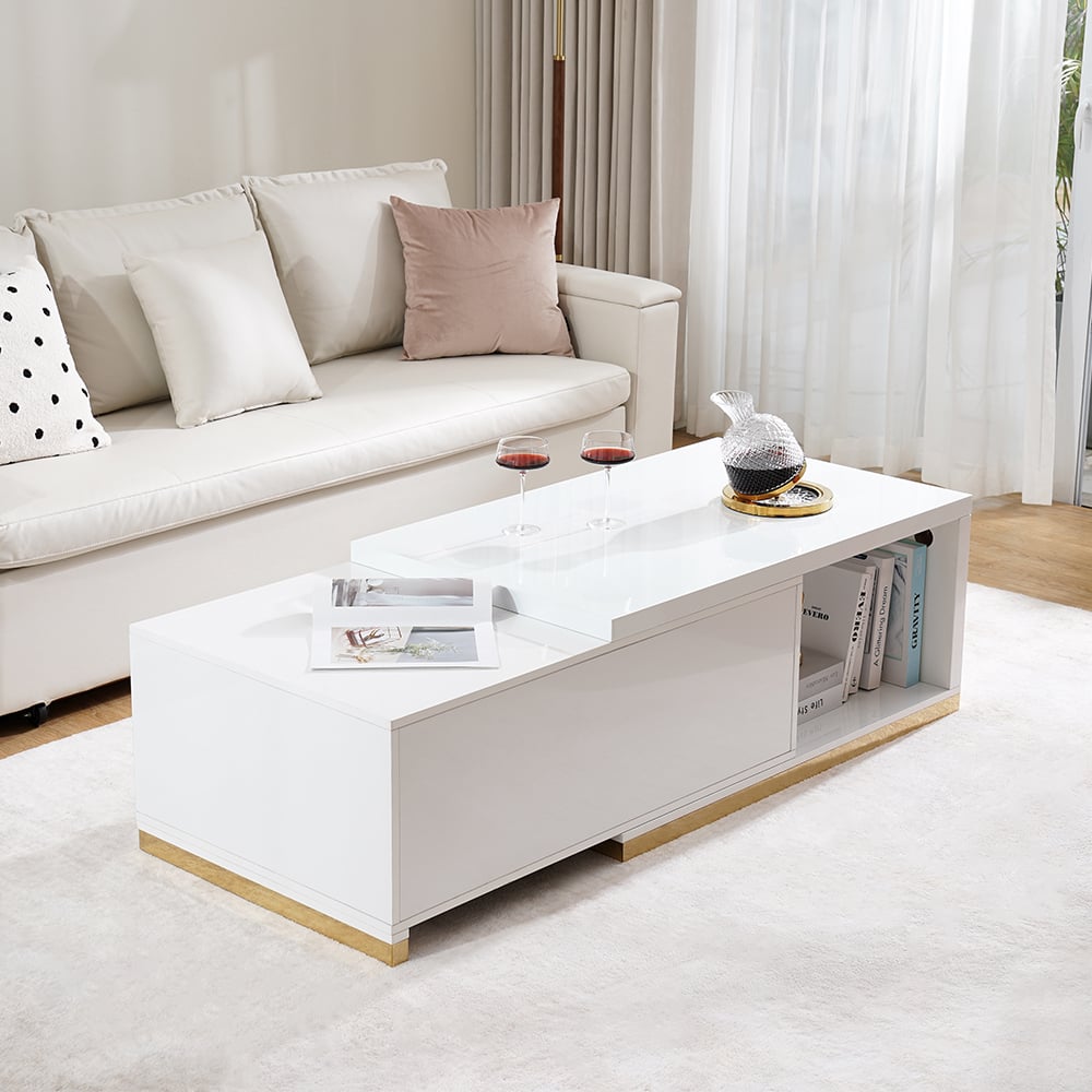 HMR Mordelle Glossy Extendable TV Stand & Coffee Table Set - White, Style A