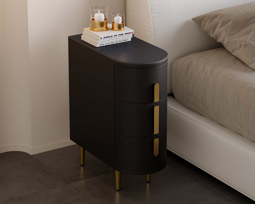 HMR Narrow Sintered Stone Top 3-Drawer Nightstand - Black, Single