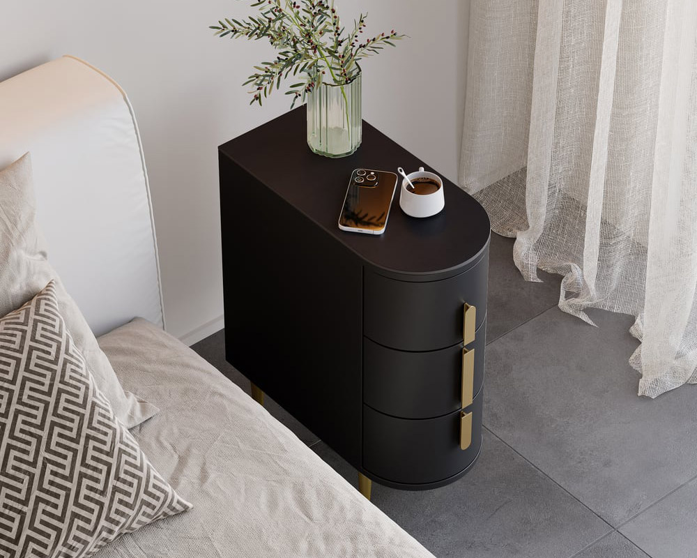 HMR Narrow Sintered Stone Top 3-Drawer Nightstand - Black, Single