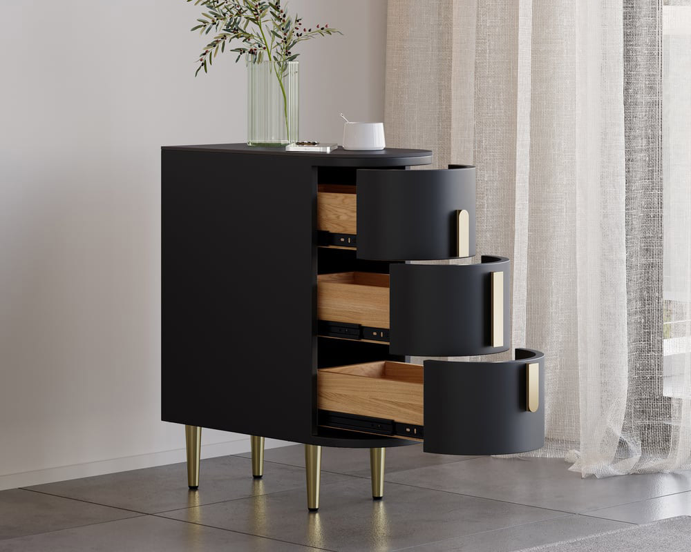 HMR Narrow Sintered Stone Top 3-Drawer Nightstand - Black, Single