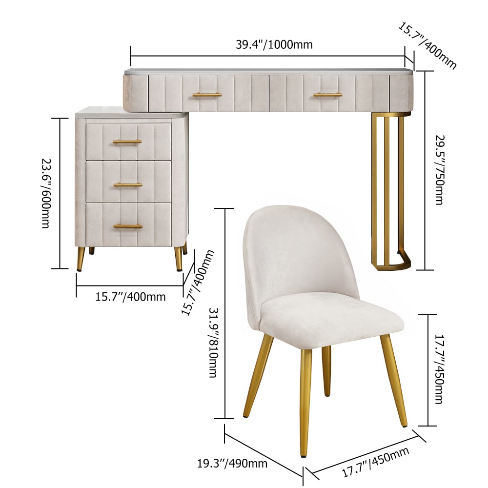 HMR Modern Expandable Makeup Vanity Dressing Table with Chair - White, Velvet