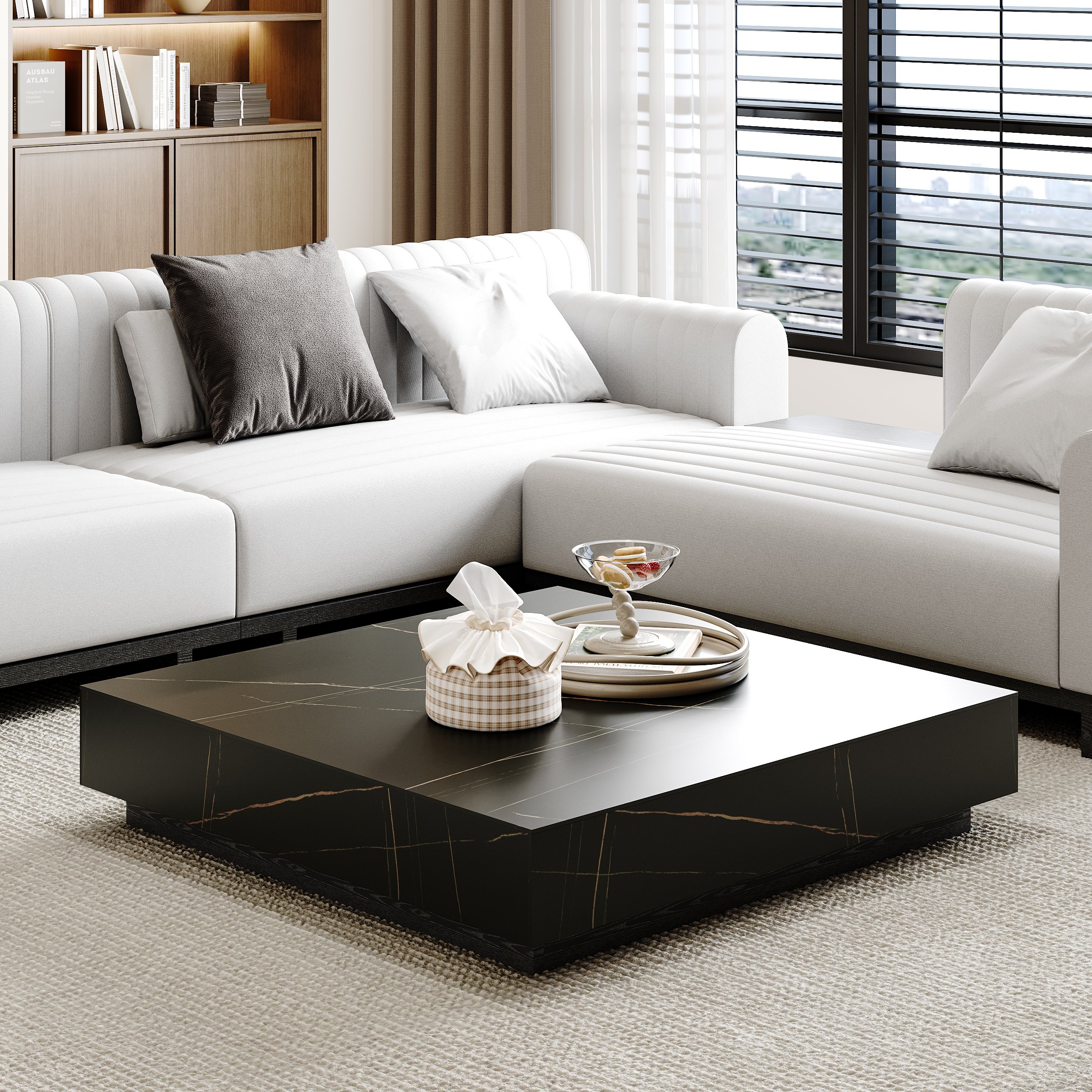 HMR Sintered Stone Electric Fireplace Humidifier TV Stand & 39" Coffee Table Set - Black, 86.6"W x 15.7"D x 10"H