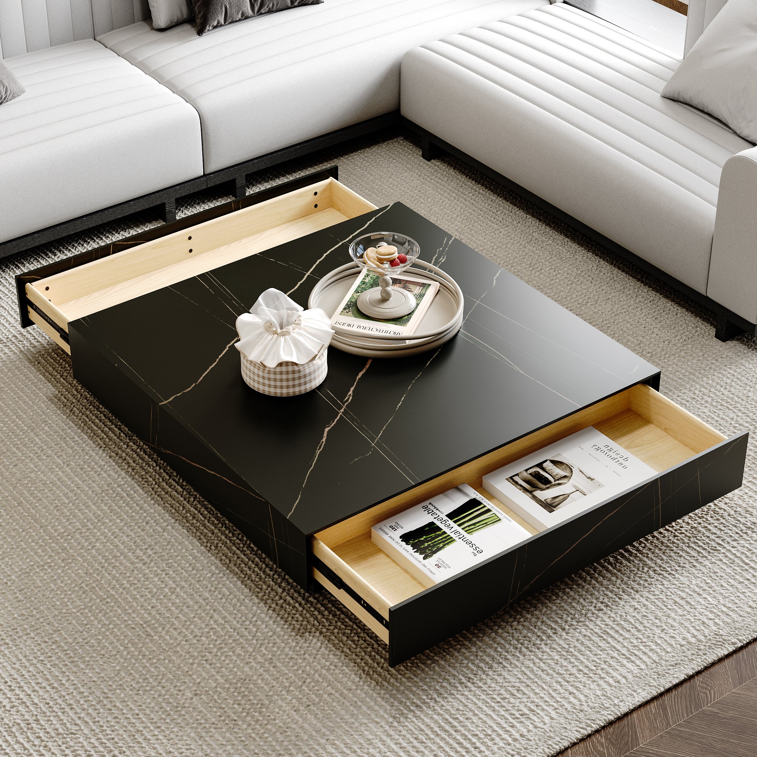 HMR Sintered Stone Electric Fireplace Humidifier TV Stand & 39" Coffee Table Set - Black, 86.6"W x 15.7"D x 10"H