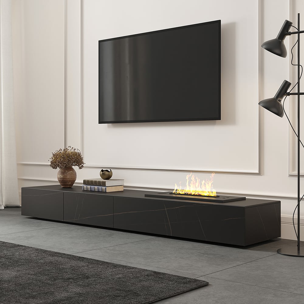 HMR Sintered Stone Electric Fireplace Humidifier TV Stand & 39" Coffee Table Set - Black, 86.6"W x 15.7"D x 10"H