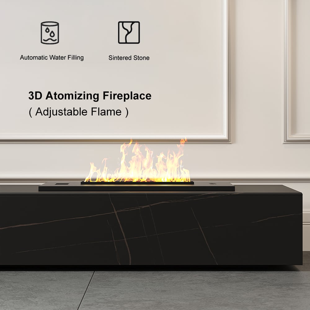 HMR Sintered Stone Electric Fireplace Humidifier TV Stand & 39" Coffee Table Set - Black, 86.6"W x 15.7"D x 10"H