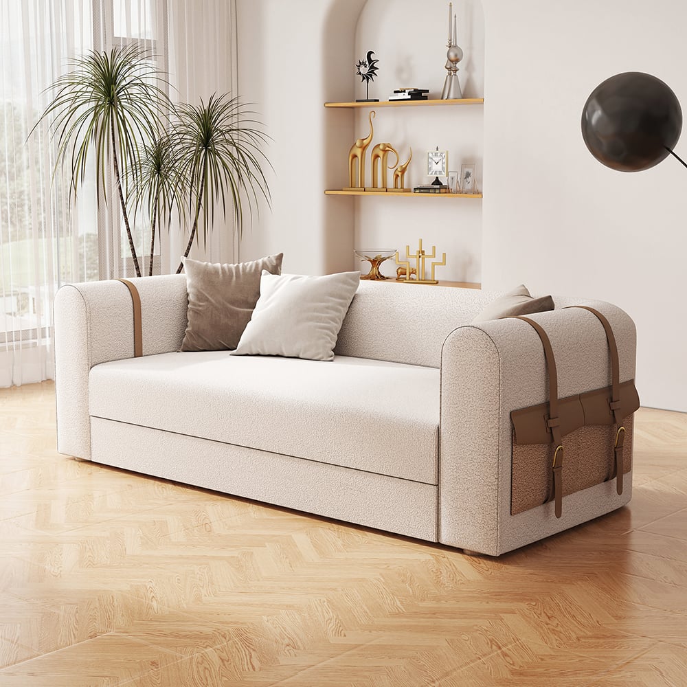 HMR - 87" Modern White Boucle 3-Seater Sofa Upholstered Convertible with Side Storage