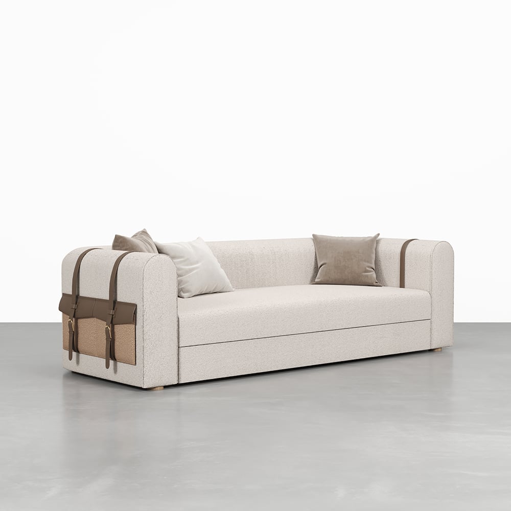 HMR - 87" Modern White Boucle 3-Seater Sofa Upholstered Convertible with Side Storage
