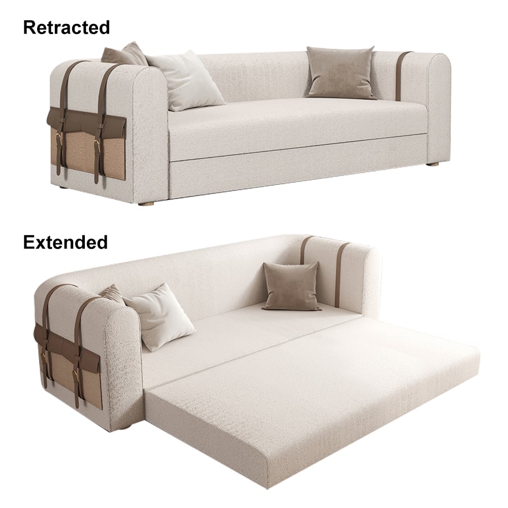 HMR - 87" Modern White Boucle 3-Seater Sofa Upholstered Convertible with Side Storage