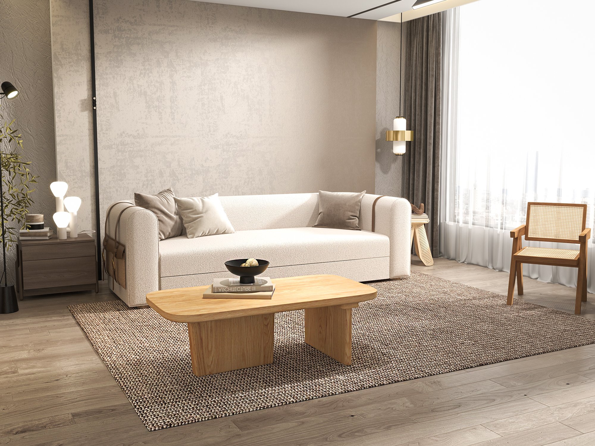 HMR - 87" Modern White Boucle 3-Seater Sofa Upholstered Convertible with Side Storage