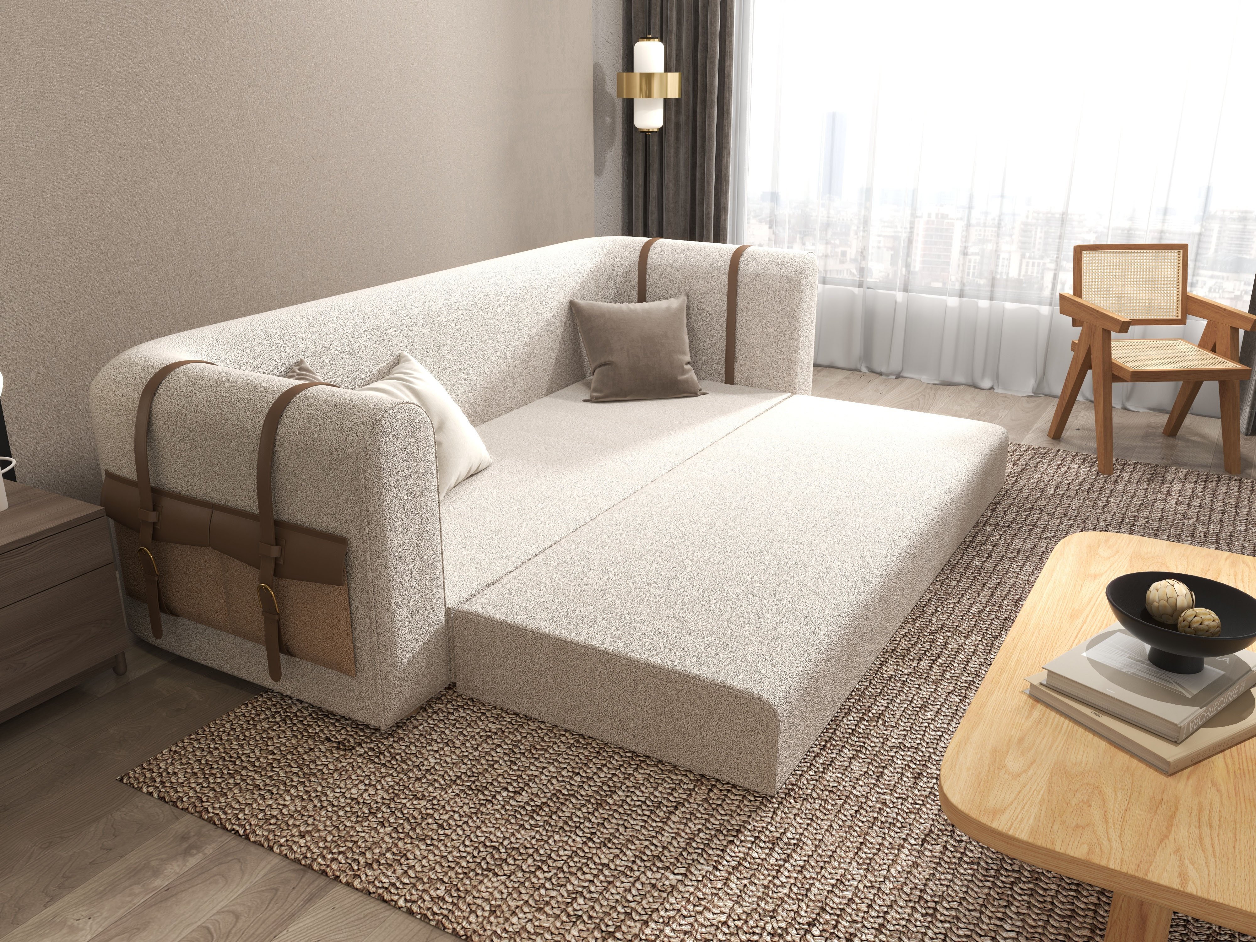 HMR - 87" Modern White Boucle 3-Seater Sofa Upholstered Convertible with Side Storage