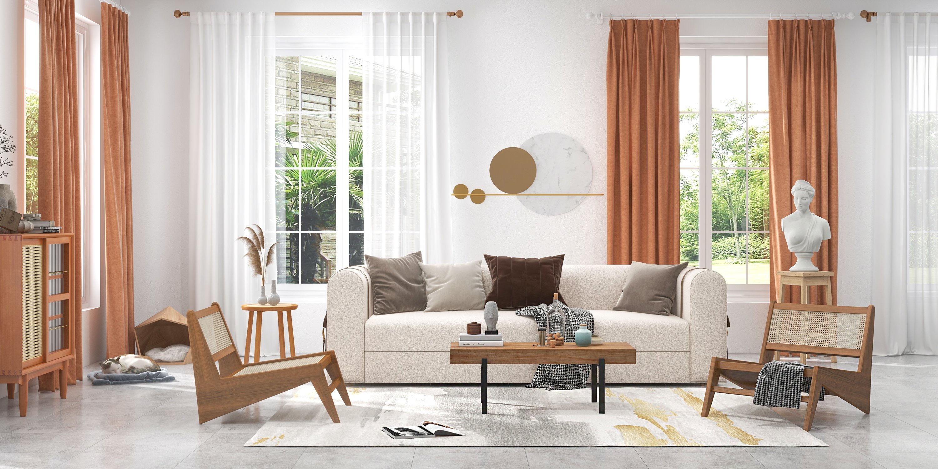 HMR - 87" Modern White Boucle 3-Seater Sofa Upholstered Convertible with Side Storage