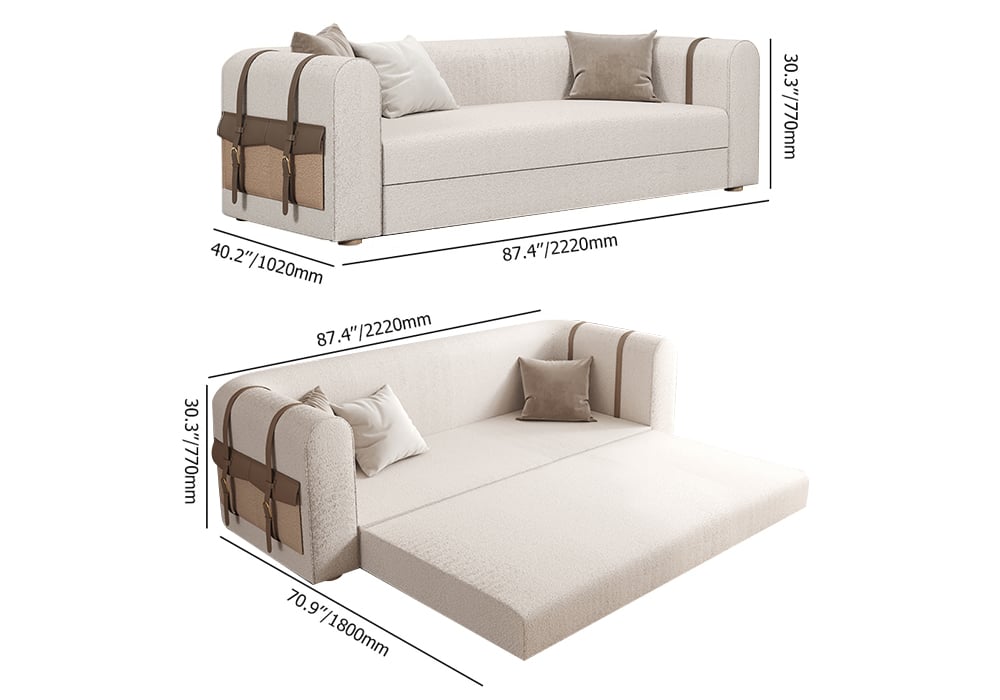 HMR - 87" Modern White Boucle 3-Seater Sofa Upholstered Convertible with Side Storage