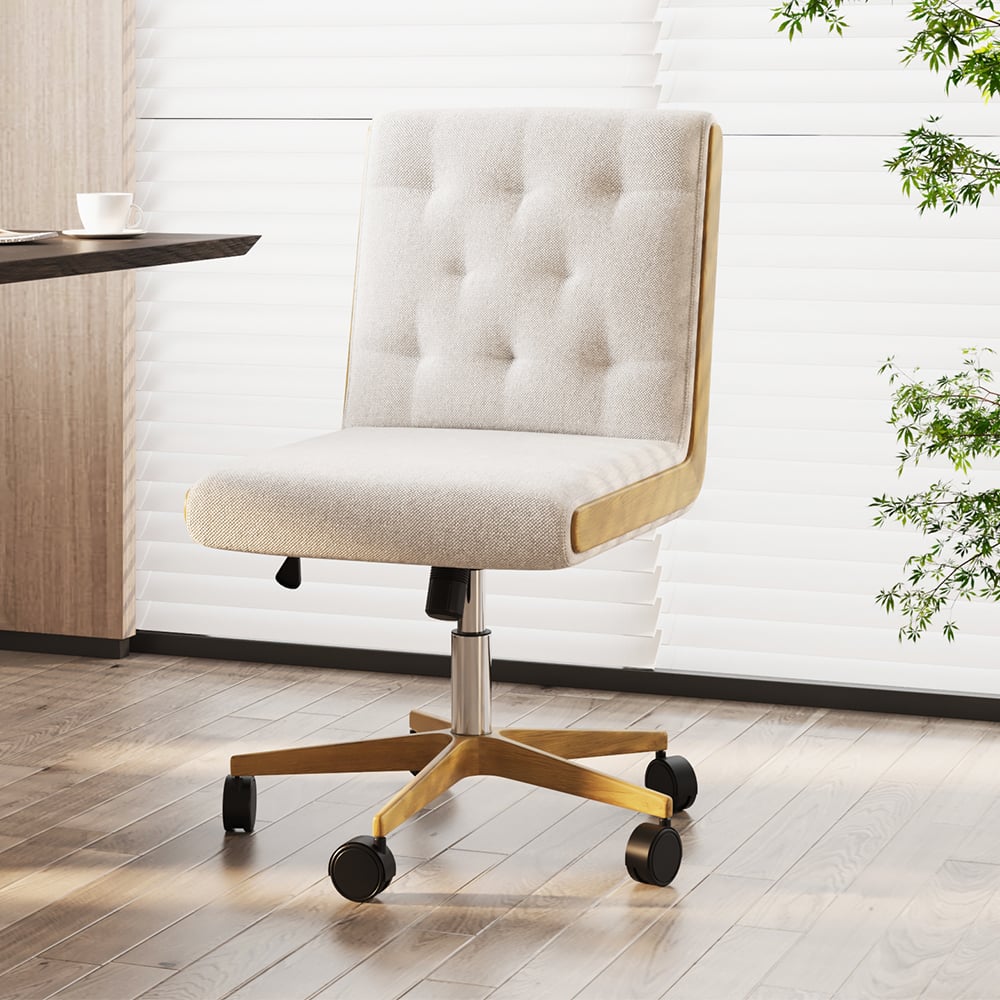 HMR - Modern White Swivel Office Chair Adjustable Height Ergonomic Linen Armless Desk Chair